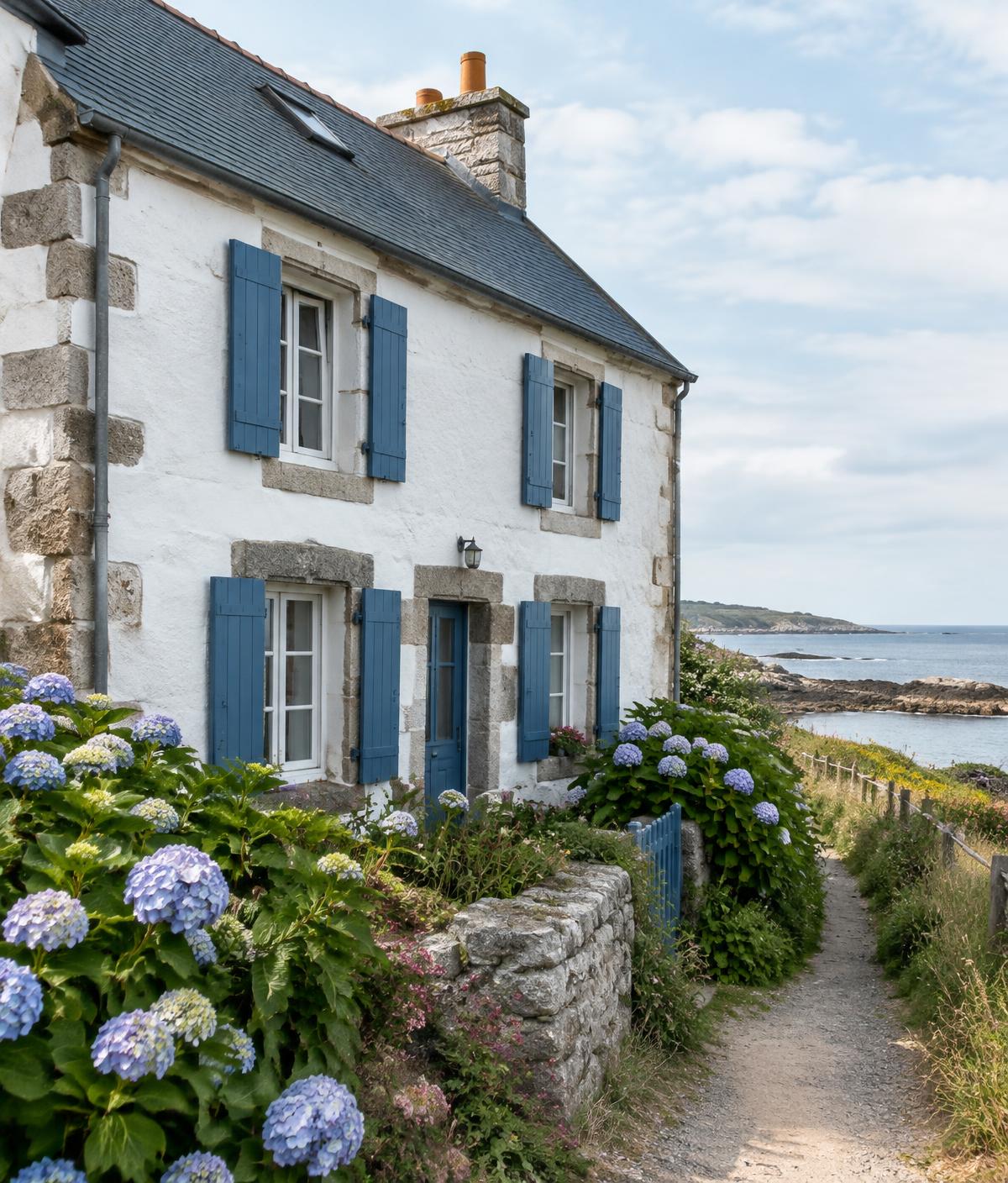 Maison en pierre aux volets bleus face à la mer en Bretagne